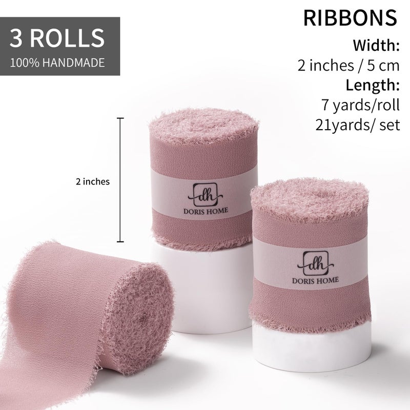 DORIS HOME Mauve Chiffon Ribbon for Flower Bouquet, 2" x21Yd Fabric Ribbon for Gift Wrapping, Handmade Frayed Ribbon for Wedding/Christmas Decorations - Image 3